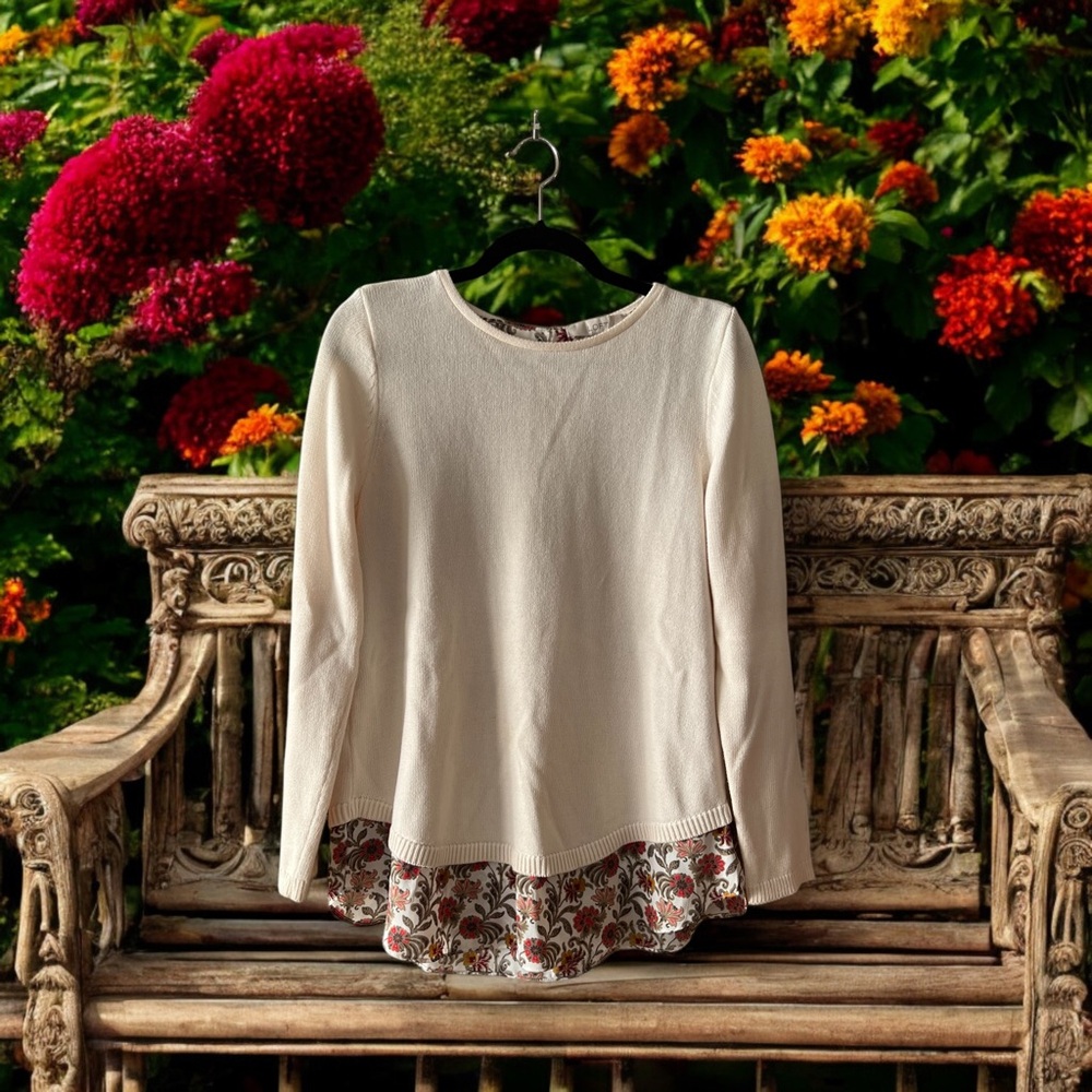 LOFT Cream Knit Sweater with Back Ties Over Floral/Vine Print Fooler Top